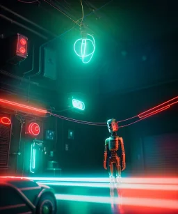 Ultra realistic photographic night portrait, cinematic, <Asian woman> many wires coming out of the head <garage> <droid friend>, hot, retro futuristic dress <Helmut newton photo style>, neon lights, color fog, soft color, highly detailed, unreal engine 5, ray tracing, RTX, lumen lighting, ultra detail, volumetric lighting, high definition.