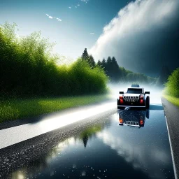 photorealistic shot, Toy R C truck, monotone color palette, sharp focus, puddle reflection, tire water splash, refraction, mist on the horizon, shadowcast, detailed and intricate, cinematic composition