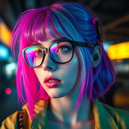 a pretty cyberpunk girl, bright coloured hair, dreaming of escape, young, futuristic, dystopia, tinted glasses
