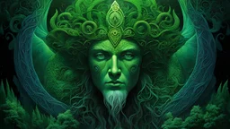 Night Of The Green Man || Celtic/Irish symbols, surrealism, magic realism, in the styles of Otto Rapp and Albane Simon and Philippe Druillet, mixed media, Phthalo colors, cinematic lighting, sharp focus, highest resolution
