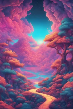 in the style of artgerm, comic style,3D model, mythical 80s landscape, negative space, space quixotic dreams, temporal hallucination, psychedelic, mystical, intricate details, very bright neon colors, 4K desktop, pointillism, very high contrast, chiaroscuro