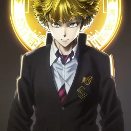 Detailed anime portrait of soulland from my hero academia, gold hair and golden eyes, black suit, intricate details, full body portrait, keep head in frame, slight smile, black Japanese motif, concept art, highly detailed, digital painting, concept art, sharp focus, illustration, art by Yoji Shinkawa, WLOP and greg rutkowski and alphonse mucha and artgerm and yanjun Chen and Junji ito and Makoto Shinkai, HDR, octane render