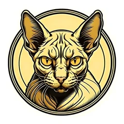 портрет лысого кота-сфинкса без шерсти, без усов, с желтыми глазами, в круглой раме