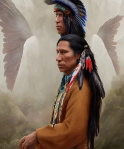 shaman, male native american, long black hair, black hooded coat like wings