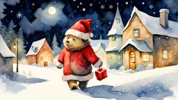 merry little teddy bear Santa Claus carrying a sack full of presents strolling in a snowy winter town in the night, 1963, watercolor, (style of Gabriel Pacheco:1.3), semi-side view, magic winter vibe