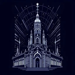 Santiago de compostela cathedral. Art Deco, Mood: Mysterious and Glamorous, Lighting: Deep blue with neon highlights, T-shirt design graphic, vector, contour, white background.