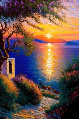 Greece landscape oil painting, detailed Claude Monet, detailed, sunset