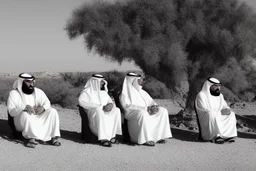 Four Arab sheikhs sitting in the desert wearing typical Arab dress, looking towards the four cardinal points. A talll fat european man in business suit wathhing them while thinking.