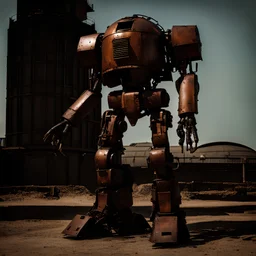 trash mech suit, human-sized, made of scrap metal, small, rusting, round dome head