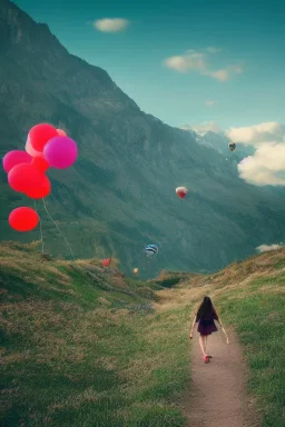 A beautiful girl walking along a mountain path, walking against the wind with balloons in her hand. nature, HD photography, Galen Rowell, David Muench, perfect composition, gloss, hyperrealism