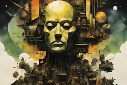 the transcendent machine , despising the pathetic pursuits of mere mortals, neo surrealism, striking, atmospheric, dreamlike, in the graphic novel style of Dave McKean, stylish, vibrant colors, asymmetric, disjointed, non linear, photographic collage, watercolor underpainting, cinegraphic realism 4k