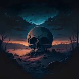 a skull in a desolate night landscape with mushrooms, semi-realistic, drawing, dark, old, abandoned, art, painting, anime style