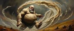 master oil painting by Rembrandt, bald stone giant golem in the middle of twister whirl wind, in the style of disney