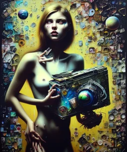 happy beautiful girl holding big proffesional camera in studio. street art, oil on canvas, spray paint, collage, letters, newspapeers, Dave McKean, Vladimir Fedotko, Saturno Butto, Vaughn Bodé, Frank Wu, James C. Christensen, collage, dirty, paint dripping, radiant