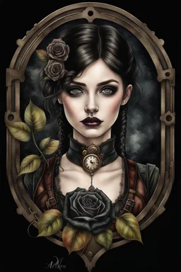 hyper photorealistic watercolor art style of a steampunk gothic style young woman with pale skin, big dark eyes, tiny nose, tiny mouth and messy dark hair , deep, dark colors, holding a black rose. She is gothic dressed, her expression is melancholic, surreal with mysterious elements. smooth blending, extremely detailed, realistic textures, cinematic, dramatic lighting