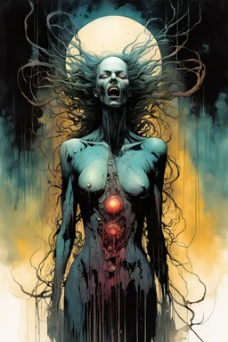 a surreal full body portrait of the inner workings of her disturbed mind as a nightmarish charnel house of screaming pain , in the comic book style of , Bill Sienkiewicz, , Alex Pardee , and Jean Giraud Moebius, muted natural color, sharp focus, ethereal , dark and foreboding