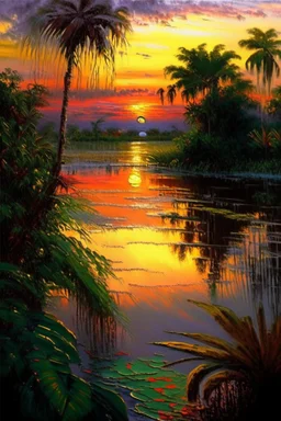 Tropical landscape oil painting, detailed Claude Monet, detailed, sunset