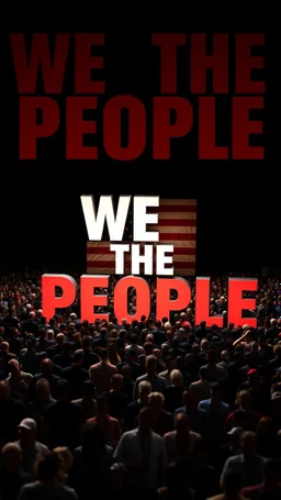 A field of random people in a dark lighting , at the top of the picture a huge 3D text for the words “WE THE PEOPLE “ with a huge American flag in 3D