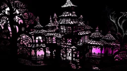 A dark magenta chateau covered in shadows designed in Javanese shadow puppets