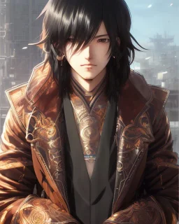 Detailed sad male anime boy with long brown hair, intricate details, full body portrait, keep head in frame, slight, black Japanese motif, concept art, highly detailed, digital painting, concept art, sharp focus, illustration, art by Yoji Shinkawa, WLOP and greg rutkowski and alphonse mucha and artgerm and yanjun Chen and Junji ito and Makoto Shinkai, HDR, octane render