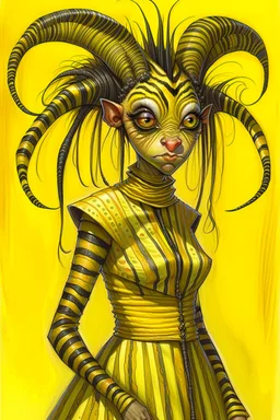 Artist Jean-Baptiste Monge style. A humanoid biomorph Zebra-Spider faced woman. Yellow eyes. A yellow striped ress, covered with spider legs.