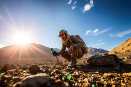 a dramatic image of a gem explorer in rugged terrain—such as a miner in Afghanistan’s Panjshir Valley, a Tanzanian artisan digging for spinel, or a Colombian emerald hunter—to visually anchor your article and highlight the adventure behind these investments.