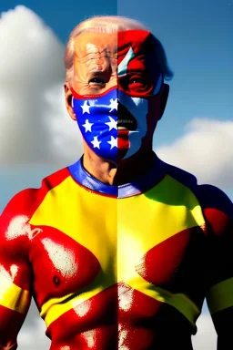 realistic image of joe biden as a mexican wrestling fighter posing, Mexican eyes wrestling mask, red and blue breeches, retro style, 80s, vibrant color, highly detailed, sky background, concept art, unreal engine 5, god rays, ray tracing, RTX, lumen lighting, ultra detail, volumetric lighting, 3d, finely drawn, high definition, high resolution.