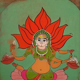 cow with wings holding a lotus and conch in Indian painting style