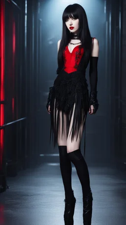 Full-body shot, of slender, pale emo woman, standing braced, long, straight, dark hair with bangs, fair skin, red lips, and stockings and stilettos, fantasy background