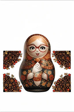 draw a matryoshka doll in the style of Khokhloma, the matryoshka is smiling, take the matryoshka dolls patterns from Khokhloma