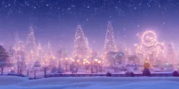 big city in christmas night, snow flakes, many three, Christmas decoration, Christmas light, high contrast, best quality, 8k, hight detailed, 3d, render, lumion, shooting star