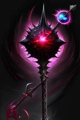 A sorceress evil staff that is a mix colors of red and black crystals and sharp edges, with black aura swirling around it, a black universe color orb ontop of the staff
