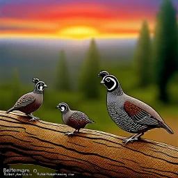 : A family of California quail (Callipepla californica) is out walking near an old log set against a colorful sky with clouds. The nature scene shows both the male and female both care for their offspring and takes place in nature with clean air, beautiful scrubs at the edge of a forest. Modifiers: elegant intricate beautiful award winning fantastic view ultra detailed Robert Bateman Carl Brenders Flo 'n Images Nancy Kaestner Hendry