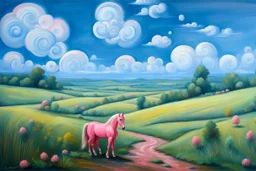 Big pink plastic toy horse.19th painting