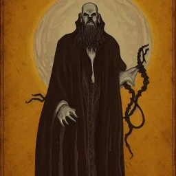 Picture of Cthulhu with white skin and a beard made of fleshy tentacles as a Russian Orthodox nosferatu vampire with yellow eyes and vampire fangs