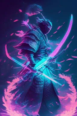 Mystical samurai emitting an aura of transparent dragons with a long, neon sword emitting an aura