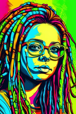 Girl in glasses with dreads, pop art, bright colors