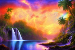 island waterfall palms twigs spring sunset rainbow bridge birds