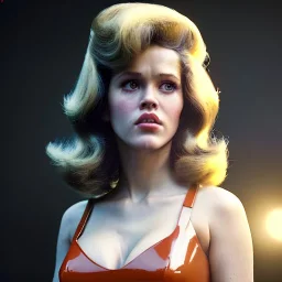 Ultra Realistic retro sci-fi portrait supermarket image from 1960, many explosions, sweet young Jane Fonda, tight latex suit, weapon, fighting stance, soft color, highly detailed, unreal engine 5, ray tracing, RTX, lumen lighting, ultra detail, volumetric lighting, 3d, finely drawn, high definition, high resolution.