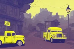 a study of cell shaded cartoon of a yellow truck on a country road, street lamps, road, illustration, wide shot, subtle colors, post grunge, concept art by josan gonzales and wlop, by james jean, victo ngai, david rubín, mike mignola, laurie greasley, highly detailed, sharp focus, alien, trending on artstation, hq, deviantart, art by artgem