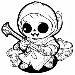 create a 2d black outline, "cute kawaii baby death with a scythe coloring book for kids", coloring page, low details design, black contour, coloring page design, simple background, colorful , card style, coloring page for kids, white background, sketch style,