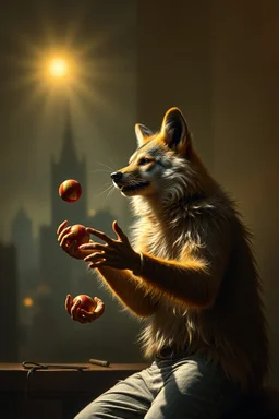 aardwolf man juggling, painting by Rembrandt, with motion blur city background, and volume light fog with sun rays