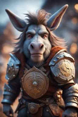 gremlin war donkey, epic hero norseman with wild hair, short ears, and big holy ornamented shield Under stjerners gnist Vi går som ett, vår tro et løfte ,bokeh like f/0.8, tilt-shift lens 8k, high detail, smooth render, down-light, unreal engine, prize winning