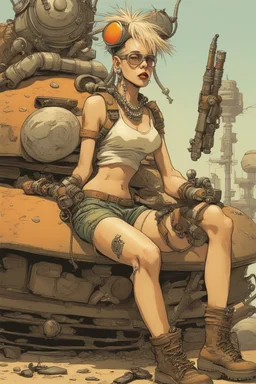 tank girl, big boots, reslistic, sit on mechanic sputnik sphere robot,