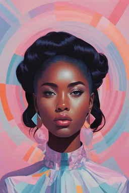 portrait of Justine Skye, environment map, abstract 1998 air hostess poster, portrait of straight black hair, no makeup, intricate stunning highly detailed, op art, pretty pastel colors, hypnotic, art by Victor Moscoso and Bridget Riley by sachin teng x supreme, dark skin, full lips, light pink, baby blue, pale pink, lavender, round face