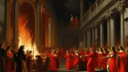 A red district with fiery torches painted by Giovanni Battista Sassi