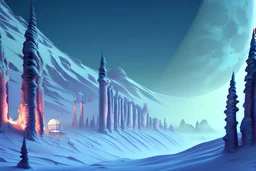 Fantastic, lunar, alien, unusual, starry, winter, mountain resort, high detail, complex details, high resolution, clear quality, beautiful lighting, spectacular lighting, deep shadows, warm colors, warm light, Elegant, 8k, Oil on canvas, Super detailed, 4K 3D, Clear quality, Colorful, Very cute. Tim Burton