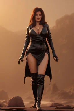 Raquel Welch in a black leather gown, evil, leather, busty, cleavage, angry, stern look. character design by cory loftis, fenghua zhong, ryohei hase, ismail inceoglu and ruan jia. unreal engine 5, artistic lighting, highly detailed, photorealistic, fantasy