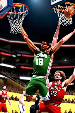 13k, highly realistic and detailed image of a zombie as a NBA basketball player in action dunking the ball in the net, sweaty hair, screaming look,action and explosive background