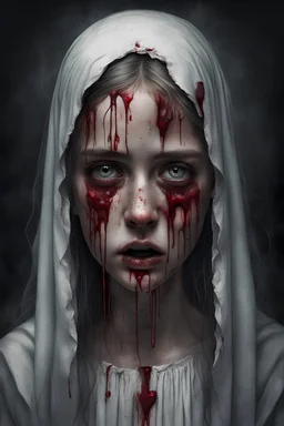 A horror digital realism portrait of a saint blind girl with gloomy eyes and bleeding her soul out pain pain pain lost and broken heart mind over matter